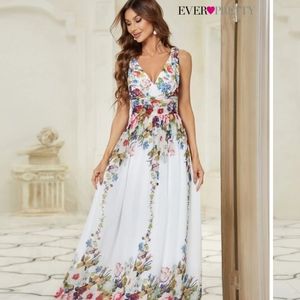 EVER-PRETTY Double V Neck Ruched Wide Waistband Chiffon Dress